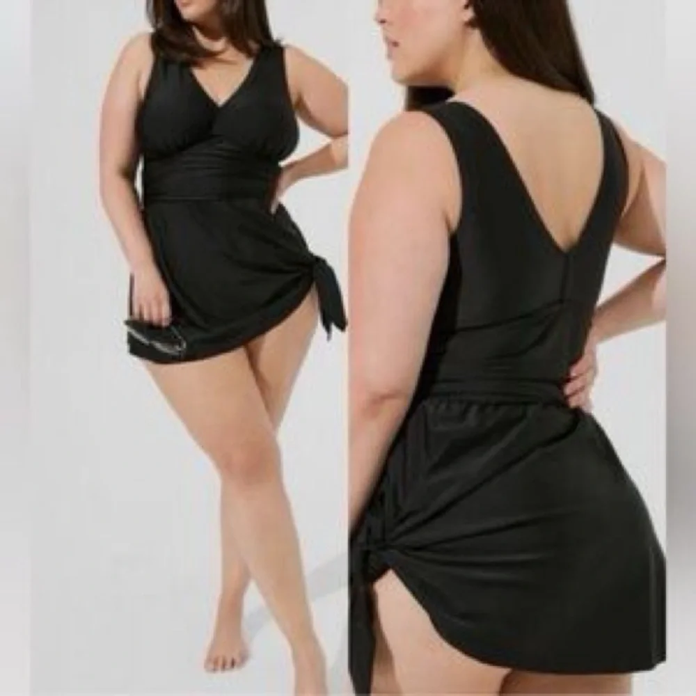 Torrid Black Wireless Short Asymmetrical Swim Dress with Brief, Size 3x - Picture 2 of 6